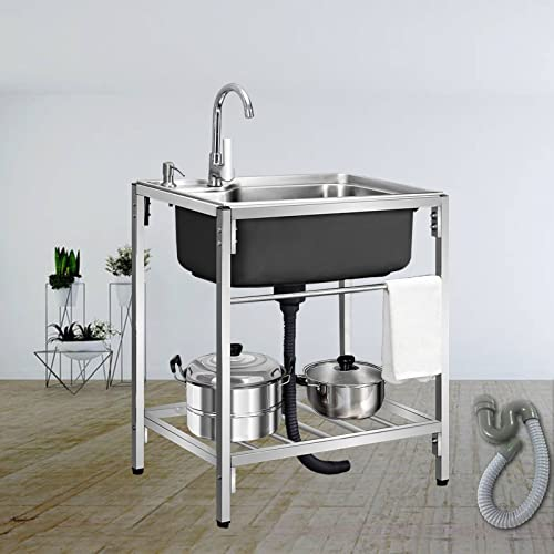 WORDFUN Fregadero De Acero Inoxidable Independiente, Fregadero De Cocina Comercial, Fregadero Camping con Grifo, Mueble Pila Lavadero, Fregadero Multiusos, Fregadero Exterior Jardin