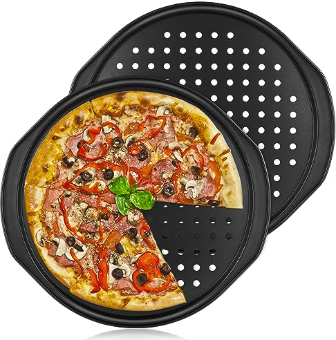 LOLYSIC 2 Pcs 14 Inch Pizza Trays for Oven Non Stick Pizza Pans Round Perforated Carbon Steel Pizza Oven Trays with Handle, Black