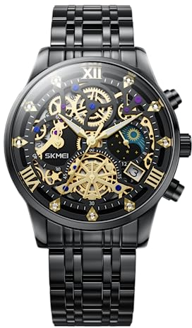 Herren-Armbanduhr, verbessertes Getriebe-Design, Skelettuhr, Chronograph, luxuriös, Diamantkleid, Business, analog, Quarz-Armbanduhren für Herren, 30 m wasserdicht, leuchtende Mondphase, einzigartiges