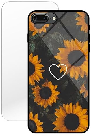 KARTXITAI Case compatible with iPhone 7 Plus/8 Plus,Anti-Scratch Tempered Glass Hard Back & Soft TPU Bumper with Pretty Pattern-Flower Sunflower Love Protective Phone Cover+Screen Protector