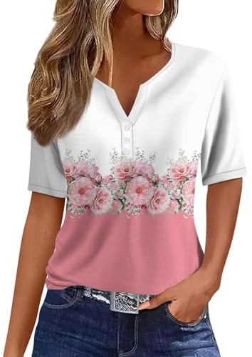 Sportshirt Damen Kurzarm Tshirt Kleid Damen Enge Oberteile Damen Blumenmuster Kurzarm T Shirt V-Ausschnitt Henley Shirt Mit Knopfleiste Casual Trainingsshirt Sommer Oberteile Oberteile (Rosa, 3Xl)