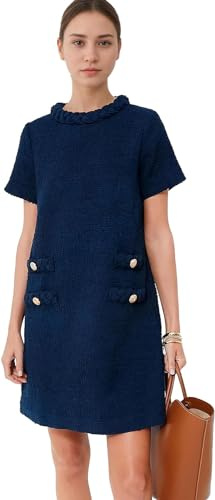 LJYAUTO Damen 60er Jahre Mod Kleid 2024 Tweed Elegant Formell Rundhals Minikleid Vintage Knopf Kurzarm A-Linie Kleider