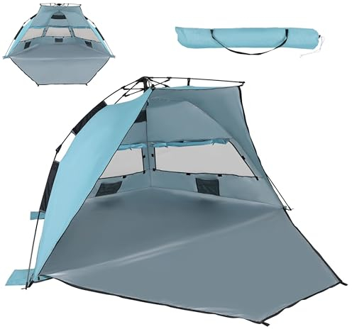 YU YUSING Automatik Strandmuschel Pop Up Strandzelt UV-Schutz UPF50+, XXL Tragbarer Strand Zelt, Wurfzelt mit Tragetasche, 3 Mesh Fenster, Schnelle Montage, Camping Zelt für 3–4 Personen