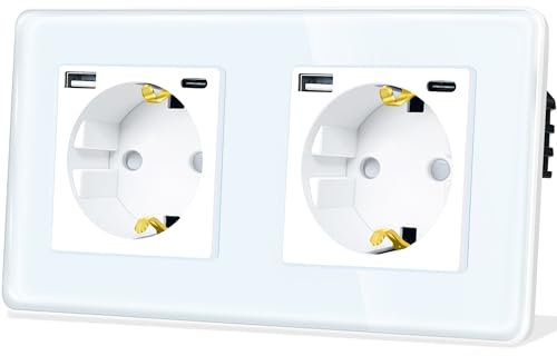TAWOIA Schuko Steckdose Mit 20W(MAX 4A) USB Schnelllade Schnittstelle, EU-Standard 2 Fach Unterputz Mit 2,5D Curved Glas Platte, Wandsteckdosen Weiß 86 * 157mm