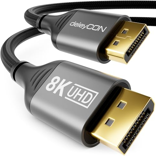 deleyCON 1m 8K Cable DisplayPort (8K@60Hz 4K@165Hz 2K@360Hz) UHD WQHD HDR HDCP 2.2 Display Port - AMD FreeSync NVIDIA G-Sync - Ideal para Juegos Monitor y Display Port - Gris Negro