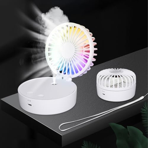 AENEY 3 in 1 Handheld Fan With Colorful LED, Adjustable Speeds Misting Portable USB Rechargeable for Office Home Travel (White)