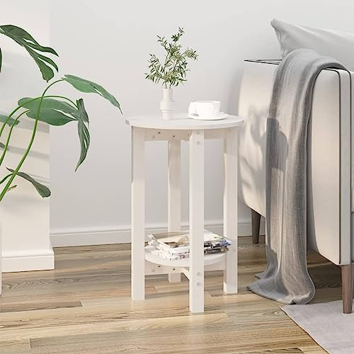 Homvdxl Couchtisch aus Holz mit 2 Etagen, Φ40 cm, rund, rustikaler Couchtisch mit Ablage, kleiner Couchtisch für Wohnung, kleine Räume | Weiß
