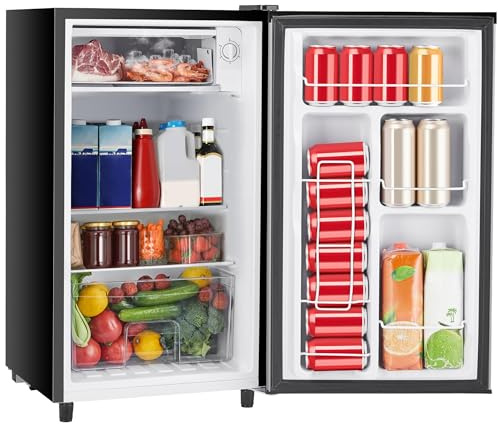 Sweetcrispy Mini Fridge Freezer 3.2 Cubic Meters Small Refrigerator Adjustable Thermostat with One Door Low Noise Compact Fridge for Bedroom, Office, Bedroom