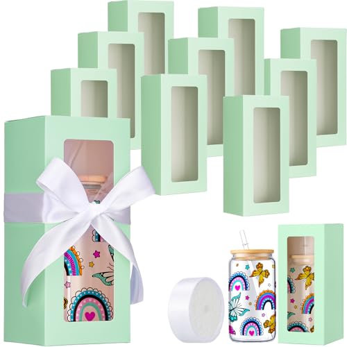 Honoson 24 Stück Tumbler Geschenkbox mit Band für Sublimationsglas, Ausstellungsboxen, transparent, für 340 ml, 473 ml, 567 ml, Trinkbecher, Gläser, Tassen, Dosen, Rohlinge (mintgrün, 453 ml)