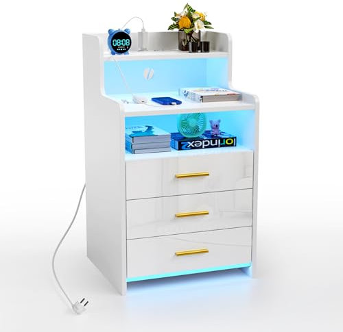 Nachttisch Weiß mit Steckdose LED Beistelltisch Holz Nachtschrank Nachtkästchen Schrank Sofatisch mit Schubladen Ablagefächern zur Aufbewahrung Kommode Modern für Wohnzimmer Schlafzimmer 40x45x76cm