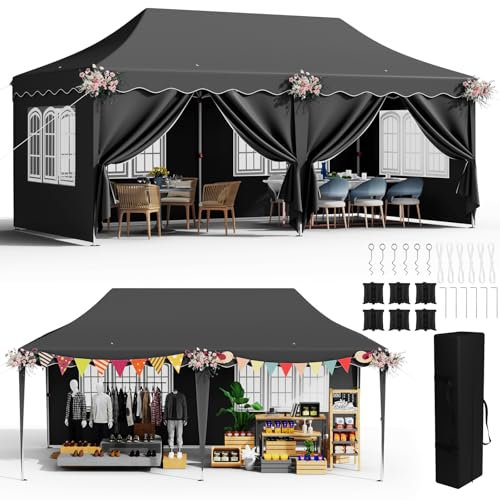 Pavillon 3x6 mit 6 Seitenwänden, Faltpavillon 3x6 Wasserdicht Stabil Winterfest, Faltbar Partyzelt 3 x 6, Anti-UV 50+ Gartenpavillon, 6 PCS Sandsack 12 Erdhaken, für Markt, Hochzeiten, Patio, Schwarz