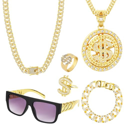ZSJMY 6 Stück Zuhälter Kostüm Set, 80/90 Jahre Hip Hop Anziehen, Rapper Kostüm, Metall Vergoldet Große Goldkette, Drehbarer US-Dollar Anhänger, Dollar Symbol Ring für Karneval Fasching Mottoparty