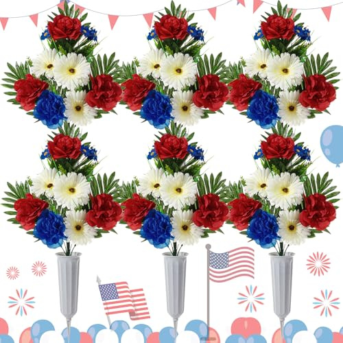 Yuxung 6 Sets Patriotic Memorial Bouquet with Vase Cemetery Flowers for Grave Red Blue Peony and White Mum Thank You Veterans Artificial Flowers 4th of July Funeral Headstones Bouquet Grave Decoration