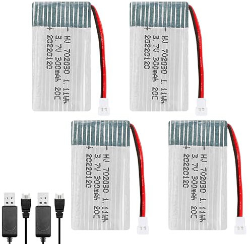 AVCXEC 4PCS 3.7V Batteries au Lithium, 300 mAh Lipo Batter, avec XH 2.54 2P connecteur, pour Avion RC, Hélicoptère, Drone Tous Modèles et Jouets