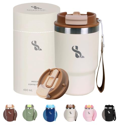 SimplyLivin Insulated Coffee Cup Travel Mug 480ml 16oz | Tumbler Flask with Straw & Spout Lid | Leakproof | 8H Hot 12H Cold | Reusable Coffee Cup | Stainless Steel Tumbler | Gift | Classic Beige
