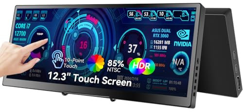 12.3 Portable Touchscreen Monitor,1920*720 IPS Mini Touch Screen,Travel Display with Foldablestand & Speaker, HDMI USBC CNC External Monitor for Laptop Phone Aida64 GPU CPU RAM Monitoring, VESA