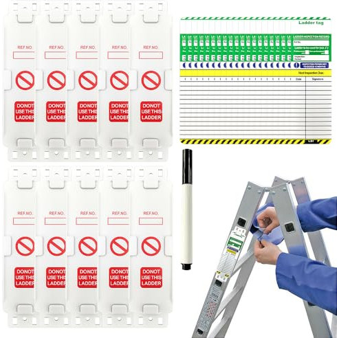 SGZIOO Ladder Tags with 10 Holders and 20 Ladder Inspection Tag Inserts, Weatherproof Ladder Inspection Tags, Inspection Record Kit for All Ladder Types Protect Ladder Safety for Indoor Outdoor
