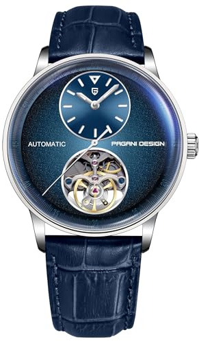 Pagani Design Herrenuhr Automatik Mechanisch Skelettdesign mit Kleiner Lünette 42mm Edelstahlgehäuse & PU-Lederband 10ATM wasserdicht (100m)