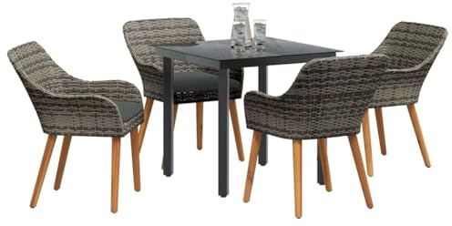 vidaXL Garten Essgruppe mit Kissen 5 pcs Grau Poly-Rattan, Stylisches Garten- und Terrassenset, Moderne UV-beständige Materialien, Tisch und Stühle für Essen im Freien