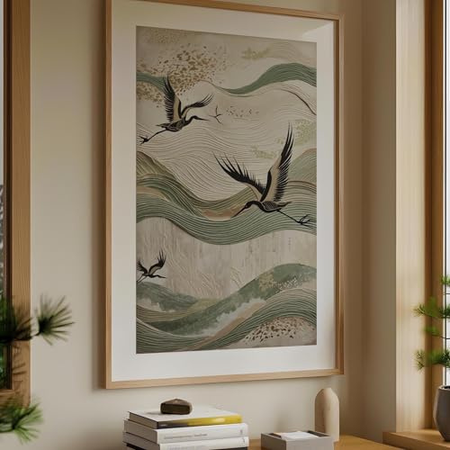 ZHAOLIN Beige und Salbeigrüne Wabi Sabi Leinwand, Japanische Kranichkunst, Abstrakter Minimalistischer Japandi-Druck, Wellen-Wandkunst, Leinwanddrucke, 80 x 120 cm, rahmenlos
