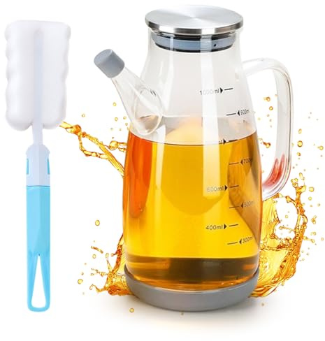 Yuragim Ölflasche Glas, 1L Borosilikatglas Ölspender mit Messskala, Öl Essig Flaschen,Ölspender Glas zum Kochen, Groß Auslaufsicher Gewürzkessel Kännchen für Öl,Essig,Sauce, für Küche Camping Outdoor