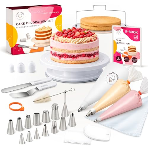 Happy Lemuro Torten Zubehör Set mit Premium Spritztüllen & Spritzbeutel | Tortenplatte drehbar, Tortenschneider und vielseitiges Backzubehör - Kuchen Zubehör Set für Anfänger und Fortgeschrittene
