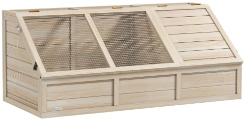 PawHut Maison en Bois pour Tortues, enclos extérieur pour Petits Animaux avec Couvercle ouvrable, loquets et 2 espaces distincts, sans Fond, 120 x 55 x 50 cm, Bois Naturel