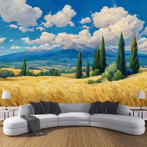 Mural Papier Peint Champs Blé Et Cyprès Papier Murale Peintures À L'Huile Style Impressionniste Papiers Peints Panoramique pour Salle de séjour Chambre à coucher séjour 400x280cm, Jaune Doré