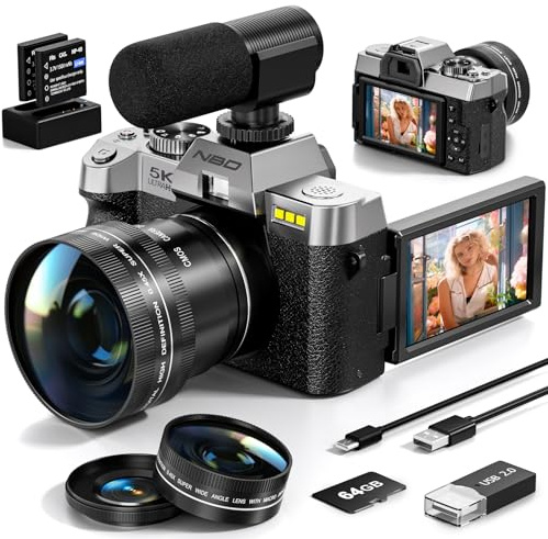 5K&64MP Digital Camera for Photography & Video, 16X Zoom, WiFi, 180° Flip Screen, Autofocus, Anti-Shake, Wide-Angle & Macro Lens, Built-In Fill Light, 64GB Card (Silver)