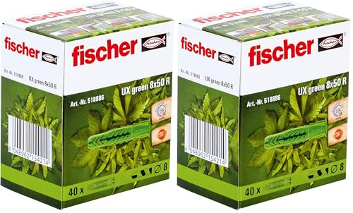 fischer - Cheville tous matériaux UX GREEN 8x50 avec collerette, fabriquée à base de matières premières renouvelables/Boîte de 40 (Lot de 2)