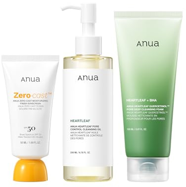 Anua After Sun Care Trio Set, Korean Skincare | Heartleaf Cleansing Foam 150ml, Zero-Cast Moisturizing Finish Sunscreen 50ml, Heartleaf Pore Control Cleansing Oil 200ml