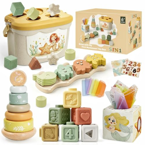 Montessori Spielzeug ab 6 Monate, 5 in 1 Motorikspielzeug ab 6 9 12 Monate | Babyspielzeug Klangbausteine, Tissue Box Toys, Montessori Spielzeug Baby Geschenk 6-24 Monate Mädchen