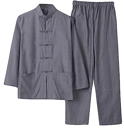 G-LIKE Herren Anzug Chinesischer Stil - Traditionelle Kampfkunst Kung Fu Tai Chi Wushu Klassisch Tangzhuang Langärmelig Hemd Hose Training Uniform Frühling Herbst Freizeit Kleidung (Grau, M)
