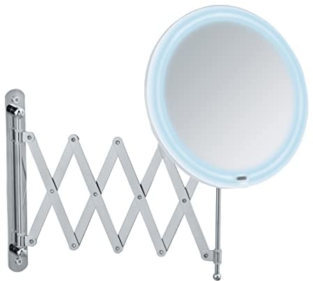 WENKO LED Teleskop-Wandspiegel Barona, Kosmetikspiegel mit LED-Beleuchtung, Schminkspiegel mit ausziehbarem Arm (55 cm), Schwenk- und höhenverstellbar, Touchfunktion, USB oder Batterie, Ø 20 cm