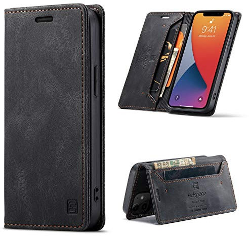EYZUTAK Case for iPhone 12 Pro Max 6.7 inch, Retro Matte Protective Leather Case with RFID Blocking Viewing Stand Magnetic Closure TPU Shell Flip Cover - Black