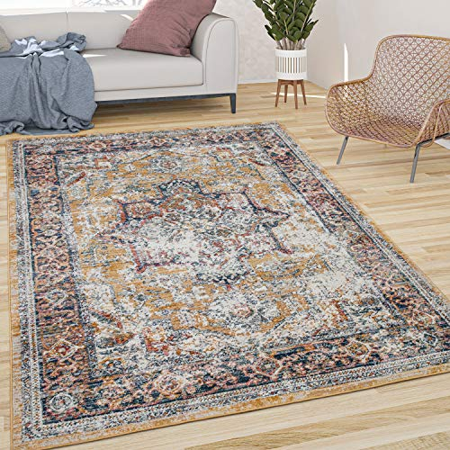 Paco Home Teppich Wohnzimmer Kurzflor Vintage Orient Muster Ornamente Mit Bordüre Gelb Blau, Grösse:60x100 cm