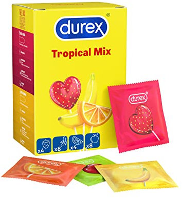 Durex Tropical Preservativi Aromatizzati alla Frutta (Banana, Mela, Fragola e Arancia), 24 Profilattici, Maxi Formato