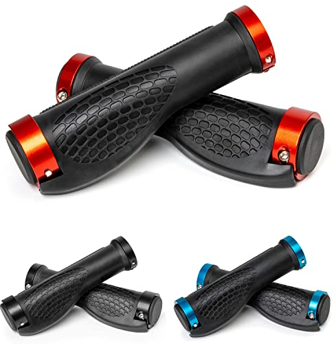 Ergonomische Fahrradgriffe, für Lenkergriffe bis Ø 22 mm, Griffstück mit 14 cm Gesamtlänge, Fahrrad Lenker Griff mit Endkappen und roten Befestigungsringen, Fahrradlenkergriff für MTB, Rennrad