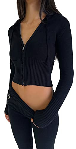 RTGSE Damen Y2K Reißverschluss Up Strick Crop Hoodies Vintage Rib Strick -Kapuze -Sweatshirts mit Hose Kleidung Set 90er Streetwear (Schwarz, S)