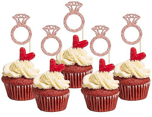Gyufise 36Pcs Diamond Ring Cupcake Toppers Glitter Diamond Wedding Ring Cupcake Picks for Marriage Engagement Anniversary Valentines Party Cake Decorations Supplies Rose Gold