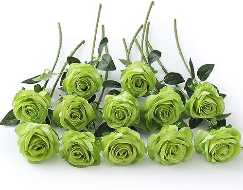 Laelfe 12 Pièces Roses Artificielles Vert, Longues Tiges Fausse Roses Fleur de Soie pour St. Patrick's Day, Bouquet de Mariée, Décoration de Fête à la Maison, Hôtel, Jardin (Vert)