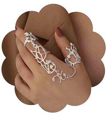 Aneneiceera Vintage Vollfingerring Langer Zweifingerring Vollfingerring Gothic Statement Ring Punk Verstellbarer Fingerspitzenring Schmuck Für Frauen Und Mädchen (silber)