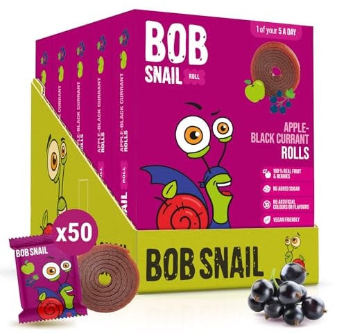 Bob Snail Fruit Roll Ups – Healthy Sweets Snacks, Real Dried Fruits, No Added Sugar, Vegan, Nut Free, Candy for Adults and Kids with Blackcurrant – Bulk 50 pcs Rolls, 500g