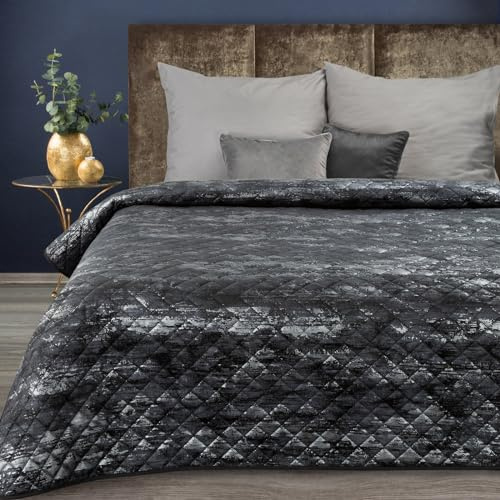Eurofirany Marmor Decke Tagesecke mit elegantem Muster für Doppelbett Samt Velours Glamour Dekorativer Bettüberwurf (Schwarz+Silber, 170X210 cm), BLINK3
