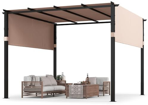 GOPLUS Pergola Jardin 3x3M, Pergola d'Extérieur avec Auvent Rétractable et Cadre Métallique Robuste, Abri Solaire pour Gril de Patio et Gaz ebo pour Jardin, Piscine,Véranda (Beige)