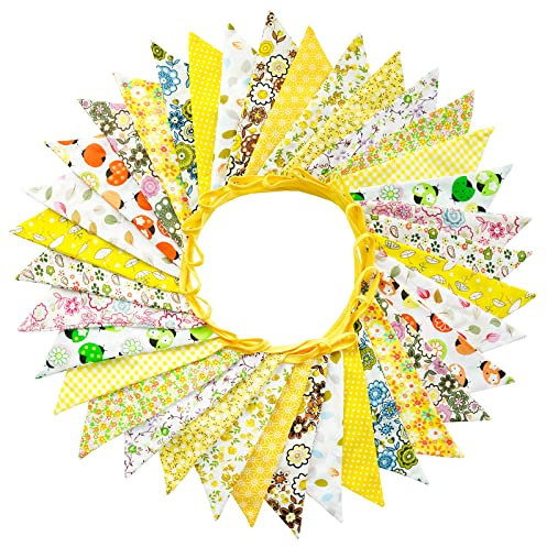 G2PLUS 36PCS Double Sided Fabric Bunting, 10M Yellow Floral Cotton Banner, 17x19CM Large Triangle Garland Reusable for Indoor and Outdoor Party Decoration