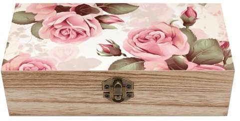 ZLFDSKGY Vintage-Aufbewahrungsbox aus Holz, mit rosa Rose, Blumenmuster, große Schmuckschatulle mit Deckel und Frontverschluss, Büro-Schreibtisch-Organizer, Behälter, Holz, dekorative Geschenkbox