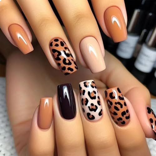 GlamRays Lot de 24 faux ongles à presser, en acrylique, motif léopard, marron, carrés, français