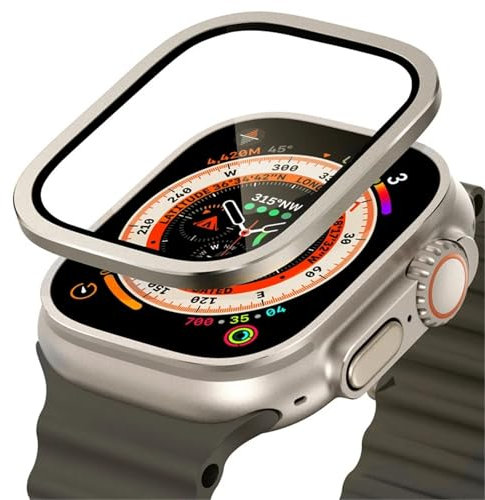 NFRFK Vidrio templado para Apple Watch Ultra 49mm marco de Metal de titanio película antiarañazos para accesorios protectores de pantalla Serie Ultra 2(Titanium 7)