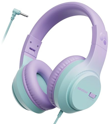 awatrue Casque Audio Enfant, 74/85/94dB Volume Sécurisé Casque Filaire Enfant, Son Stéréo, Pliable, 3.5 mm Jack Over Ear Casque pour Enfants pour Ipad/Voyage/Tablette/Téléphone (Violet Vert)